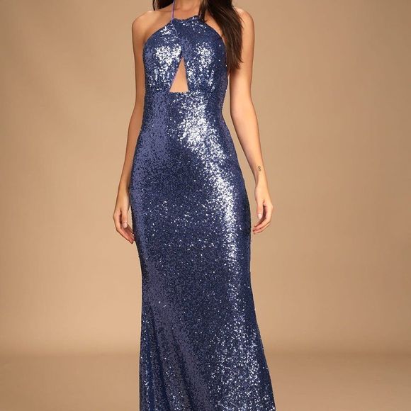 Lulus Periwinkle Sequin Halter Mermaid Maxi Dress - Size S - Picture 1 of 6